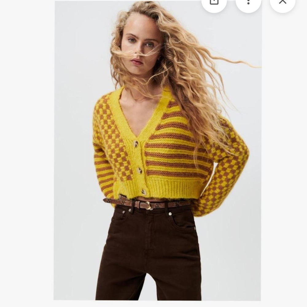 Zara Yellow and Brown Patterned Cropped Cardigan